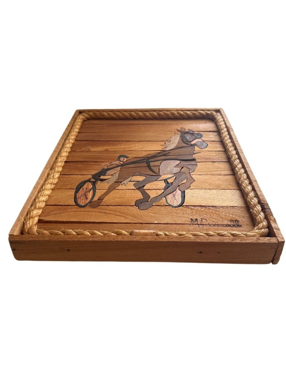 Horse Racing Wooden Inlay Wall Art Rope Frame Signed M.Russell Rustic Decor - Picture 6 of 8